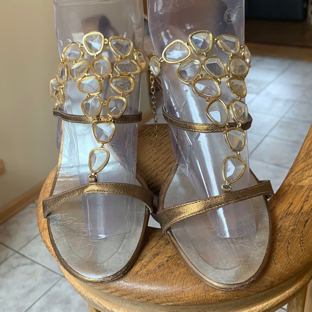 Giuseppe Zanotti Crystal Clear disc pyramid gold leather Sandal size 40 US 9